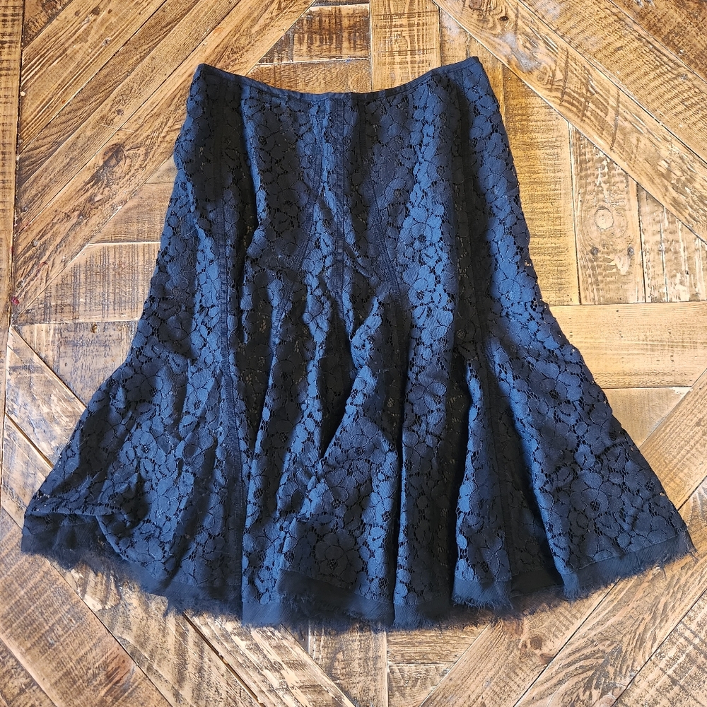 Tahari Black Lace Trumpet A-Line Skirt Flounce Midi Skirt Size 2